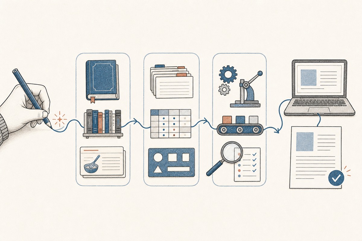 Una idea humana pasa por reglas, conocimiento, datos, herramientas automáticas y validaciones hasta convertirse en un resultado revisado.